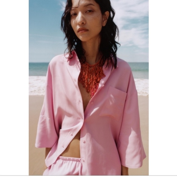 ZARA WOMEN FLOWY PINK POCKET SHIRT ROLLED UP SLEEVES SIZE L .NEW WITH TAGS - Picture 1 of 10